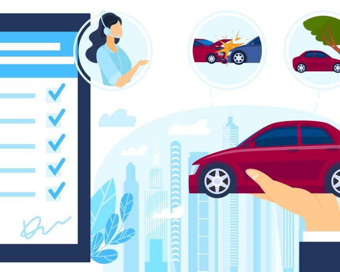 Insurance auto service protection vector illustration, cartoon flat businessman hand holding car, protecting from accidents and crimes