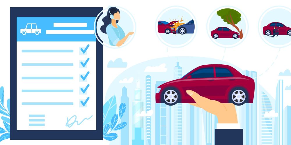 Insurance auto service protection vector illustration, cartoon flat businessman hand holding car, protecting from accidents and crimes