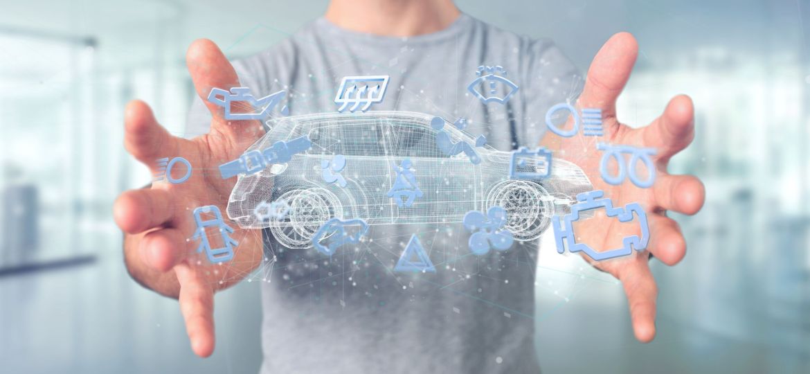 Man holding Smartcar icon around an automobile 3d rendering