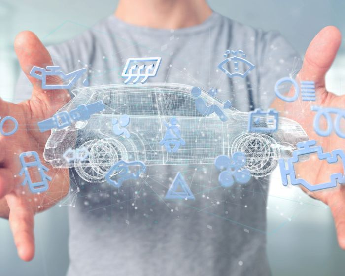 Man holding Smartcar icon around an automobile 3d rendering