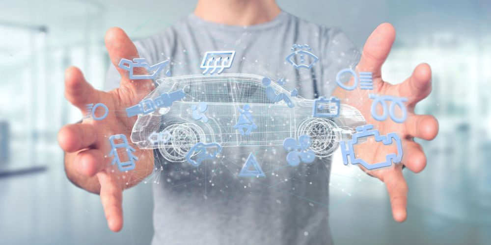 Man holding Smartcar icon around an automobile 3d rendering