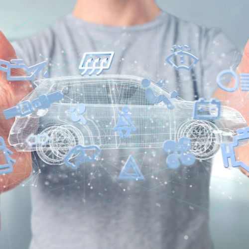 Man holding Smartcar icon around an automobile 3d rendering